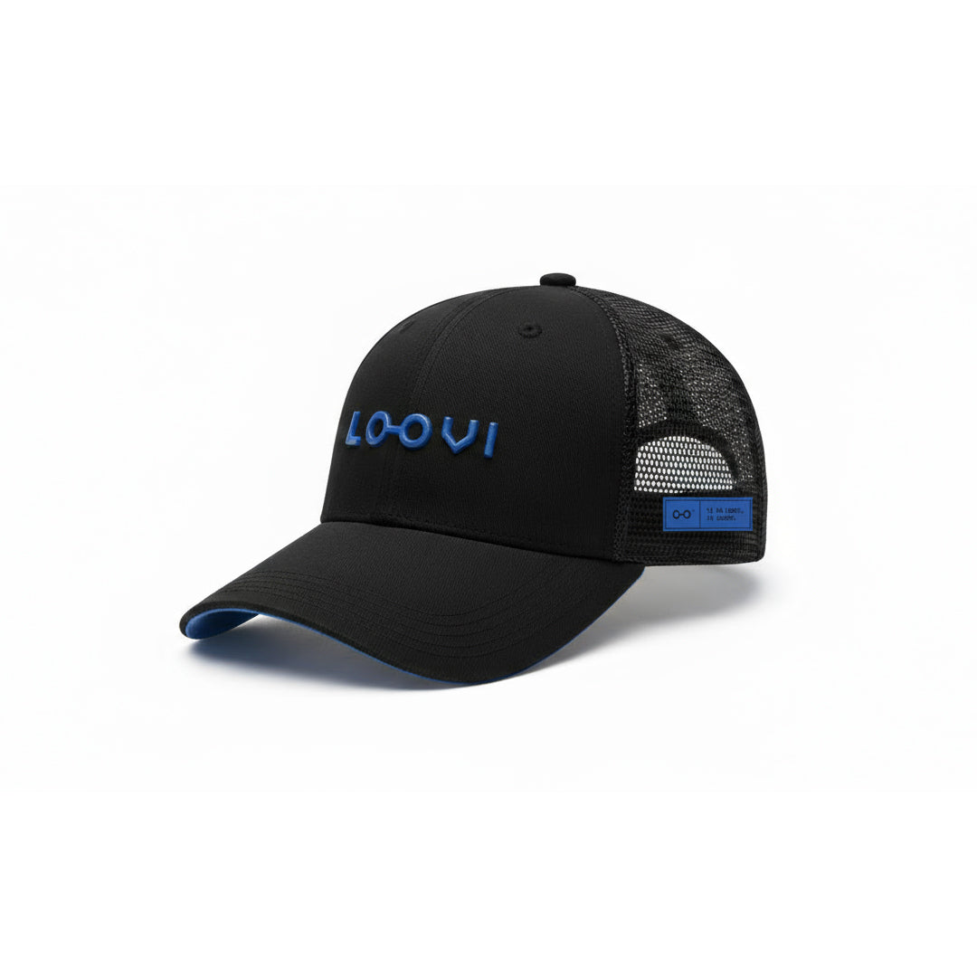 Boné Trucker Preto com Detalhes Azul Royal – Linha Premium Loovi